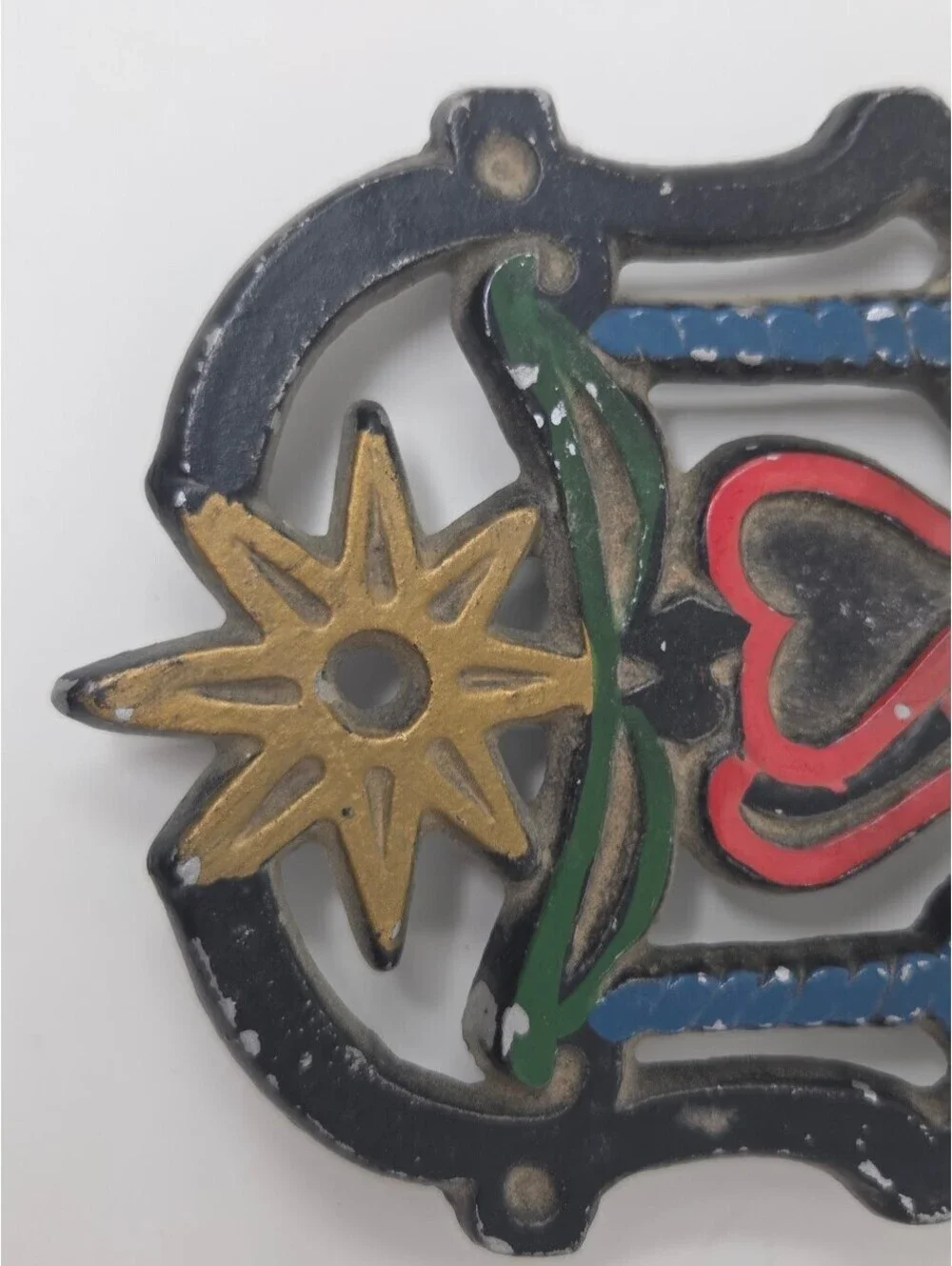 Vintage Cast Iron Trivet Wall Hanging With Floral Candle And Heart Motif Decor
